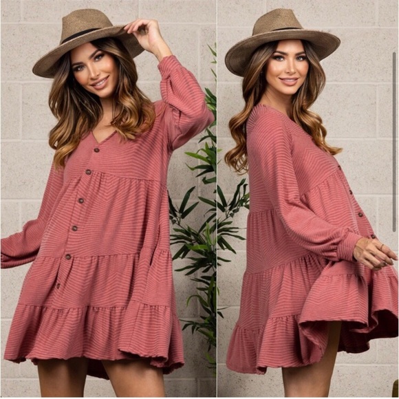 LAST ONE: USA Made Marsala babydoll women’s button front detail fall dress - Picture 2 of 4